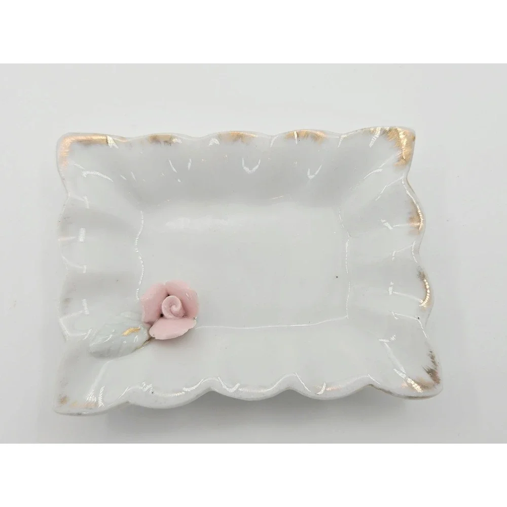 Vintage Royal Sealy Japan Porcelain Trinket Box and Ring Dish 3 pc Set Rose Gold
